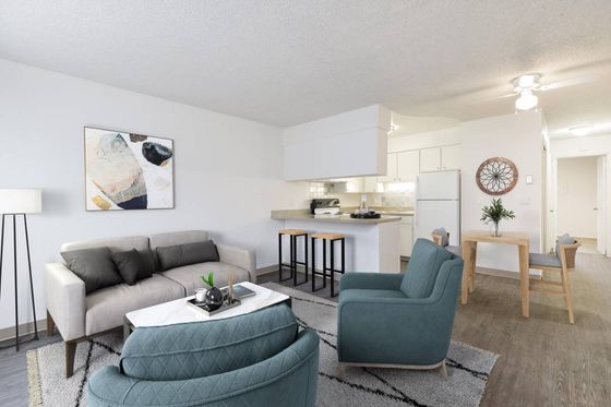 Contemporary open-concept living area with stylish decor, featuring cozy seating and adjacent modern kitchen.