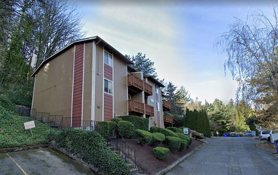 Inviting apartment building surrounded by lush greenery, featuring charming balconies and a peaceful tree-lined driveway.