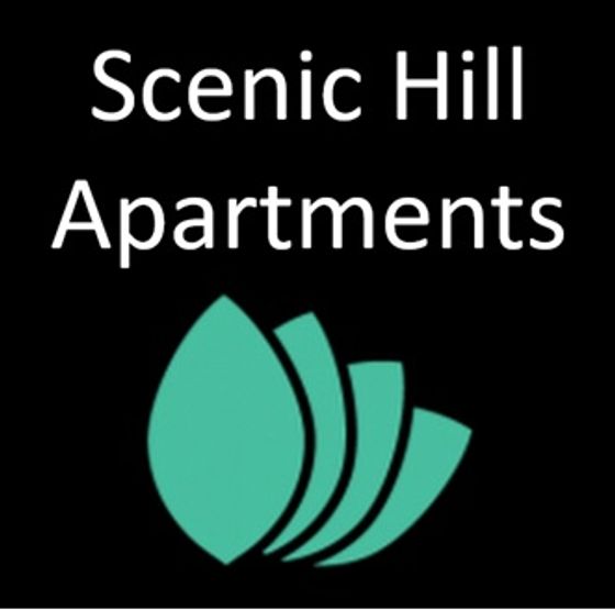 Scenic Hill Apartments logo with modern teal leaf design, offering upscale living.