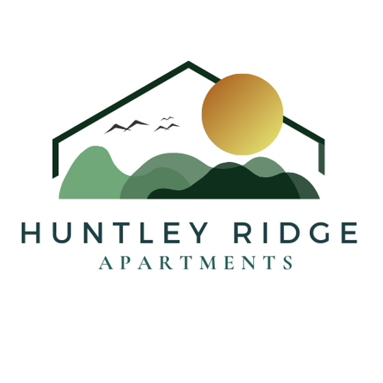 Logo for Huntley Ridge Apartments featuring a minimalist outline of a house roof above layered green hills with a golden sun rising on the right side. The text 'HUNTLEY RIDGE' appears in bold, uppercase letters, with 'APARTMENTS' written below in a modern serif font.