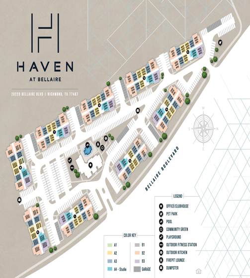 Vibrant Haven at Bellaire community map highlighting stylish apartment units, lush green spaces, pool, and modern amenities in Richmond, TX.