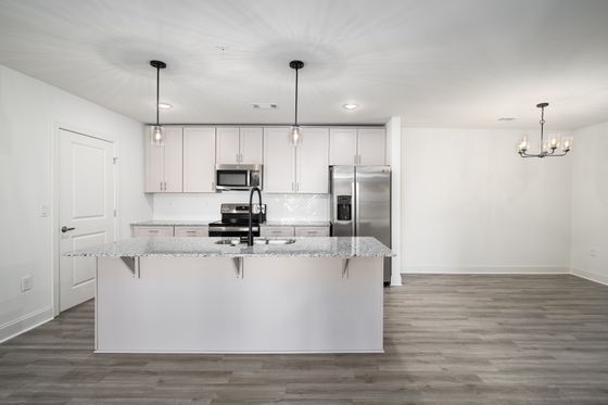Modern kitchen with sleek granite countertops, stainless steel appliances, and elegant pendant lighting, offering a stylish and functional open-concept layout.