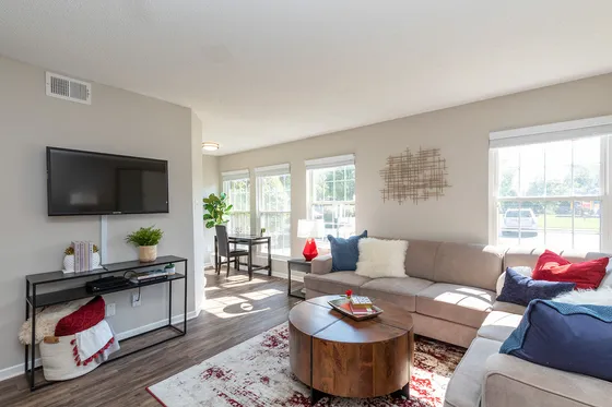 picture of living room with couch, windows, coffee table and tv