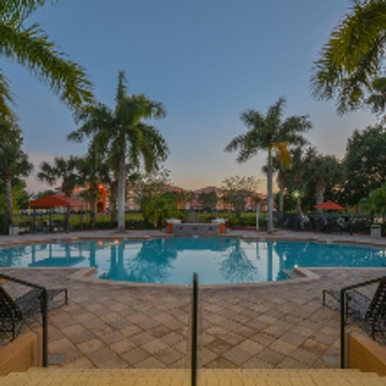 Park Crest At The Lakes, exterior, sparkling blue swimming pool, palm trees