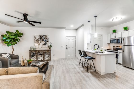 Elegant apartment interior featuring a modern kitchen with stainless steel appliances, cozy living area with plush seating, and stylish decor accents under bright lighting.