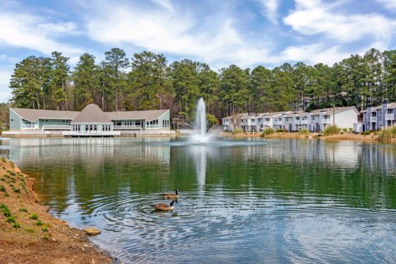 Breathtaking lakeside apartment community featuring charming modern homes, a stunning fountain, and serene natural beauty.