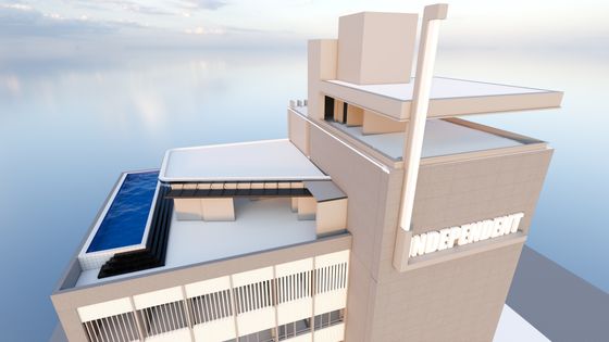 Modern rooftop view showcasing an elegant infinity pool and sleek architectural design, with 'Independent' signage enhancing urban sophistication.
