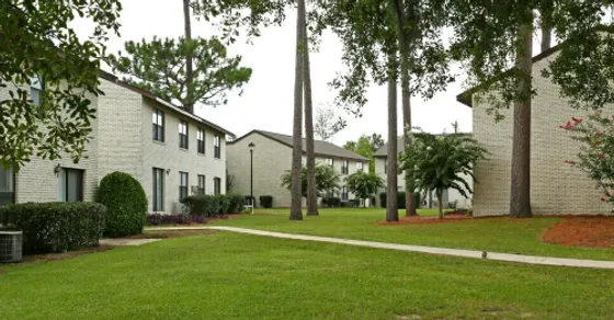 Charming apartment buildings surrounded by lush greenery and tall trees, offering a serene and inviting community atmosphere.
