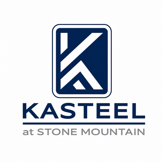 Sleek and modern logo for Kasteel at Stone Mountain, featuring a stylized letter 'K' in a bold blue and white design.
