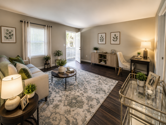 Inviting living room with elegant decor, cozy sofa, stylish desk, and warm lighting, perfect for relaxation and productivity.