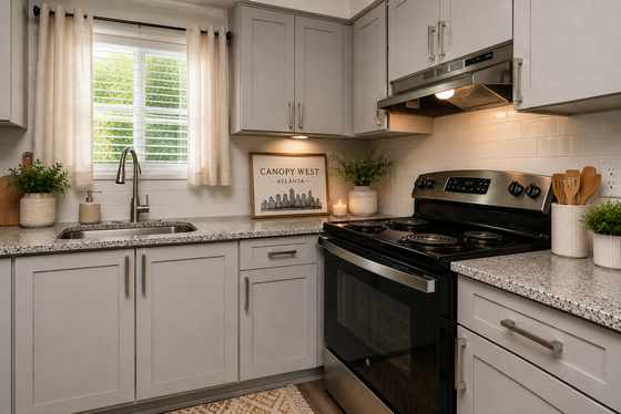 Modern kitchen with sleek gray cabinets, granite countertops, stainless steel appliances, and elegant decor, exuding a welcoming ambiance.