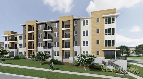 Modern apartment building with stylish facade, spacious balconies, and lush greenery, perfect for urban living.