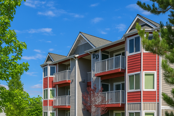 Charming red and beige apartment building with modern balconies surrounded by lush green trees under a blue sky.