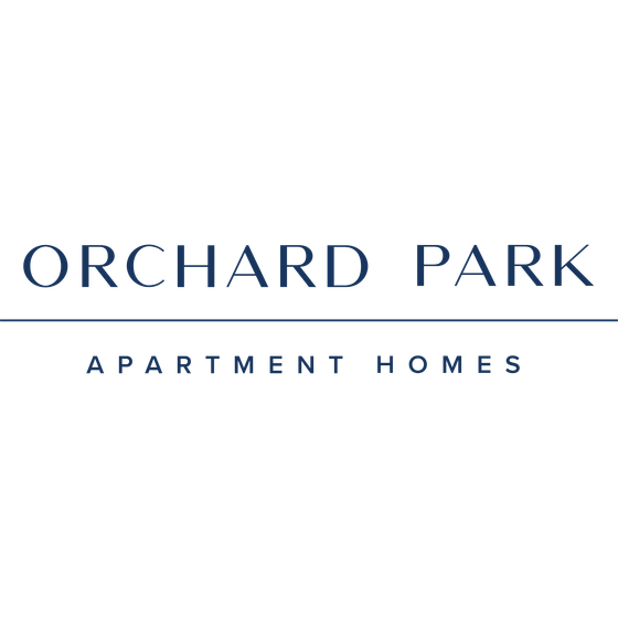 Chic Orchard Park Apartment Homes logo with elegant navy blue lettering on a sleek black background.