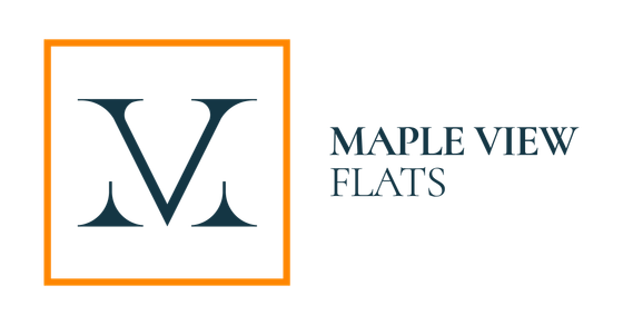 Elegant logo for Maple View Flats featuring a stylish letter M within an orange-bordered square.