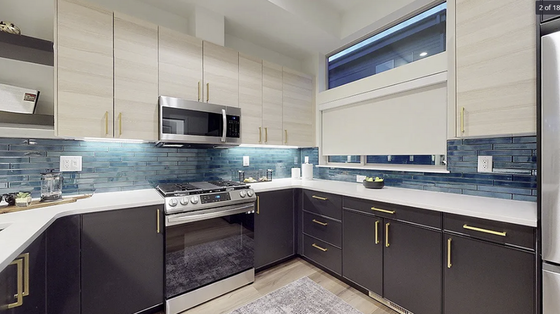 Modern kitchen with sleek cabinetry, stainless steel appliances, and elegant blue tile backsplash.