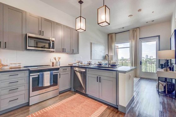 Modern kitchen with sleek gray cabinets, stainless steel appliances, and large windows providing a scenic city view.