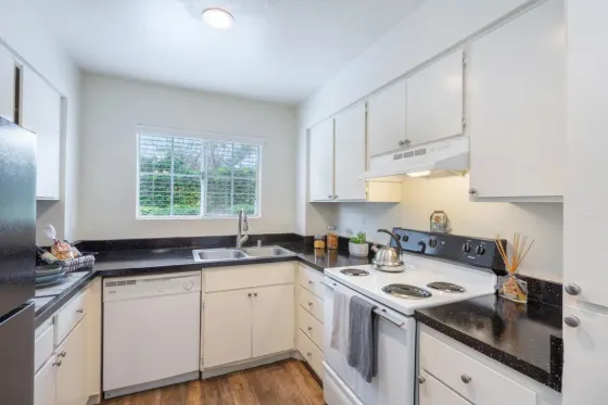 Fully equipped kitchen with white cabinetry, dark countertops, an electric range, dishwasher, and a window providing natural light.