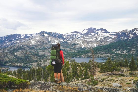 Man overlooking the forest below him and mountains in front