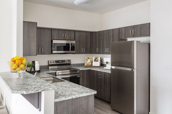 kitchen with wood like vinyl flooring and stainless steel appliances at spring meadow