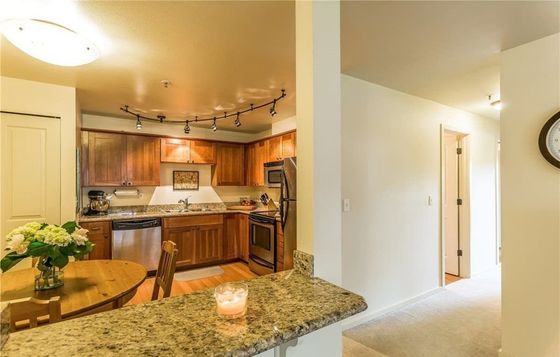 kitchen with breakfast bar and stainless steel appliances at patagonia village