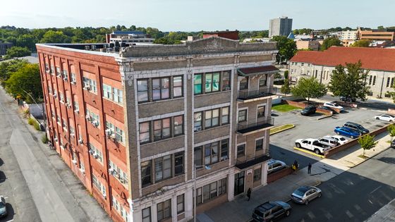 bakery apartments exterior view, 100 s 3rd street reading pa, apartment building with parking lot, aerial view