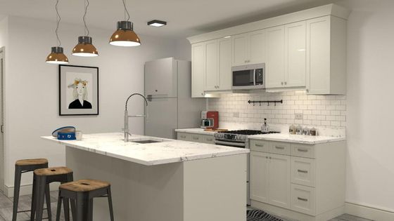 Contemporary kitchen with sleek white cabinetry, marble countertops, and industrial pendant lights, featuring a modern island and stylish bar stools.