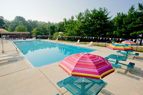 Inviting outdoor swimming pool area featuring vibrant colorful umbrellas, surrounded by lush greenery, perfect for relaxation and leisure.