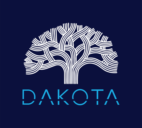Elegant logo design with intricate white tree pattern on a sleek dark blue background with 'DAKOTA' text.
