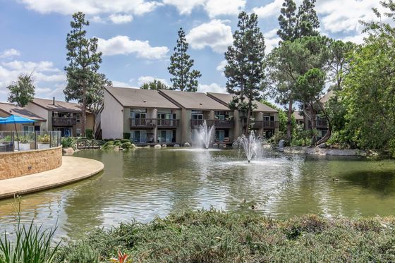 The Lake Apartments lake with fountains, apartments with balconies and patios