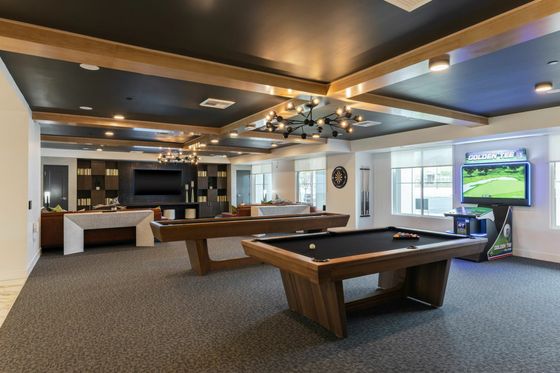 Luxurious recreation room featuring a modern pool table, stylish seating area, and vintage arcade games under elegant lighting.