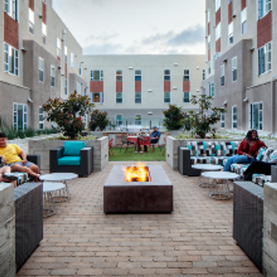 Outdoor view of M@College apartments affiliated with SDSU