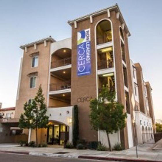Outdoor apartment building and entrance view near SDSU