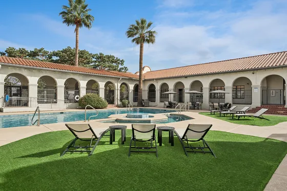 Charming outdoor pool area with elegant arches and palm trees, offering a serene and inviting atmosphere for relaxation.