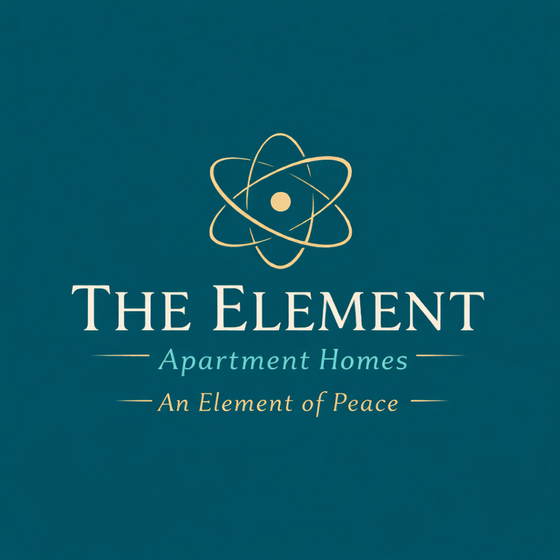 Logo of The Element Apartment Homes with an elegant atom design, highlighting 'An Element of Peace'.