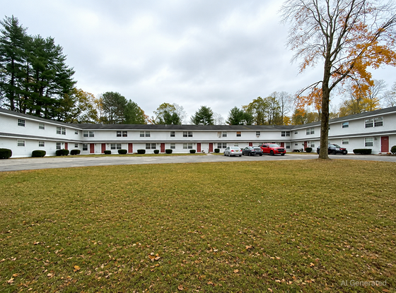 Charming apartment complex featuring two-story buildings with red doors, ample parking, and surrounded by lush greenery.