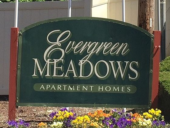 Inviting entrance of Evergreen Meadows Apartment Homes with vibrant flags and lush greenery.