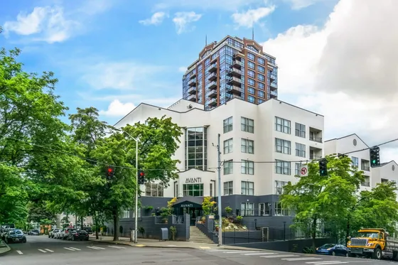 Exterior view of Avanti apartment building on Boren Ave in Downtown Seattle, WA