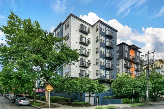 Terrace View apartment building exterior surrounded by mature trees in First Hill, Seattle, WA