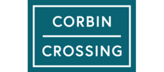 Corbin Crossing logo in elegant white against a teal background, symbolizing sophisticated living.