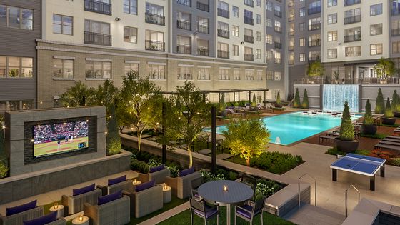 Luxurious urban apartment courtyard featuring a sparkling swimming pool, elegant seating area with outdoor TV, lush greenery, and a stunning waterfall.