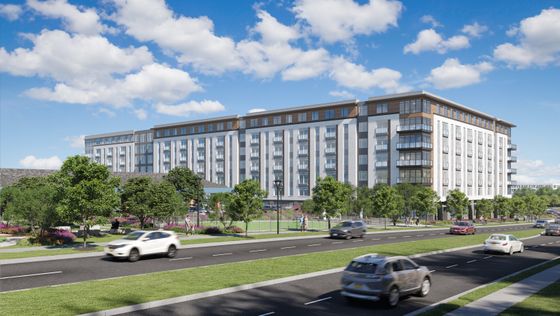 Modern 6-story apartment building with sleek architectural design, lush landscaped gardens, and convenient parking, set against a vibrant city backdrop.