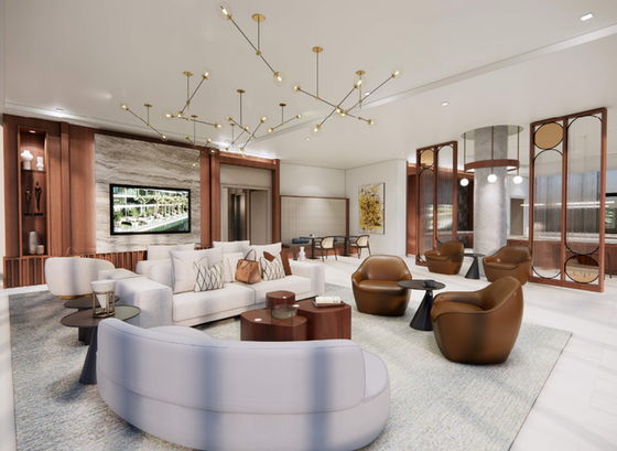 Luxurious modern living room with elegant seating, stylish lighting, and contemporary decor.