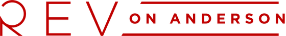 Modern Rev on Anderson logo in vibrant red, showcasing sleek and stylish typography.