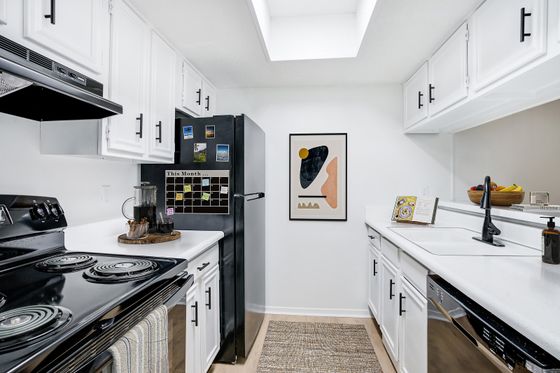 Modern kitchen with sleek black appliances, white cabinetry, and bright lighting, perfect for culinary creativity.