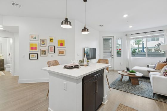 Contemporary open-plan living area with sleek kitchen island, cozy seating, stylish wall decor, and abundant natural light.