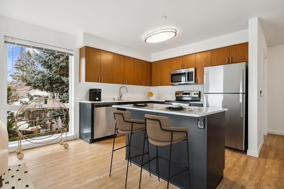 Modern kitchen with stainless steel appliances, sleek countertops, and warm wooden cabinetry, complemented by a stylish breakfast bar and a scenic window view.