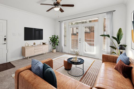 Charming living room with modern decor, featuring a tan leather sofa, stylish area rug, and sleek TV setup, filled with natural light from large patio doors.