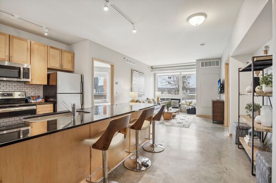 Modern open-concept apartment with sleek kitchen, stylish breakfast bar, and bright living area featuring expansive windows and chic decor.