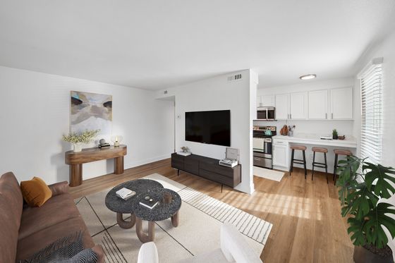 Bright and modern living area with stylish furniture, a sleek kitchen with barstool seating, and sunlight streaming through large windows.